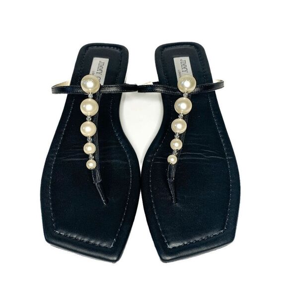 Jimmy Choo Alaina Faux Pearl Embellished Leather Flat Sandals EU 38 US 8 Black - Picture 1 of 9